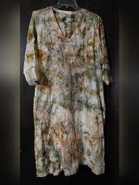 fabindia Beige Cream Tie-Dye Embroidered V-Neck Kutra Dress Cover-up Size L